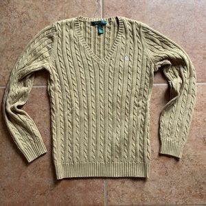 Camel colored Ralph Lauren cotton v neck- cable knit.